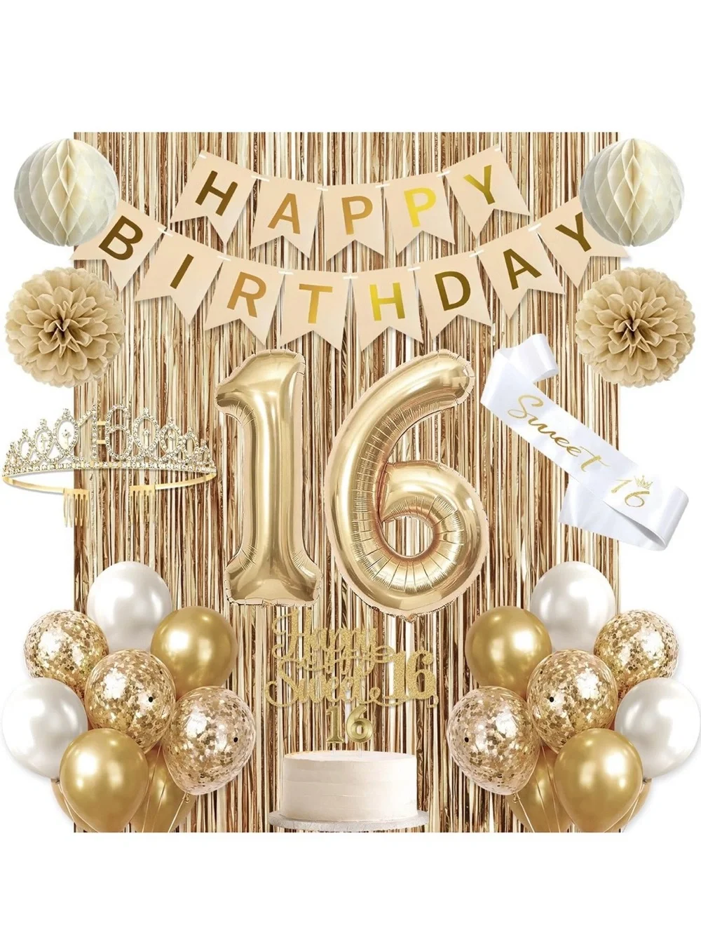 Gold Sweet 16 Party Decoration Kit - 16th Birthday Banner & Balloons
